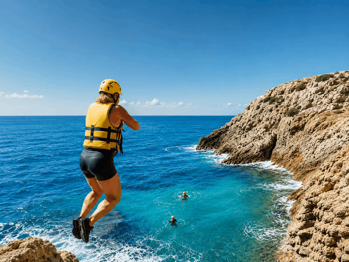 A girl jumping into the sea from a cliff